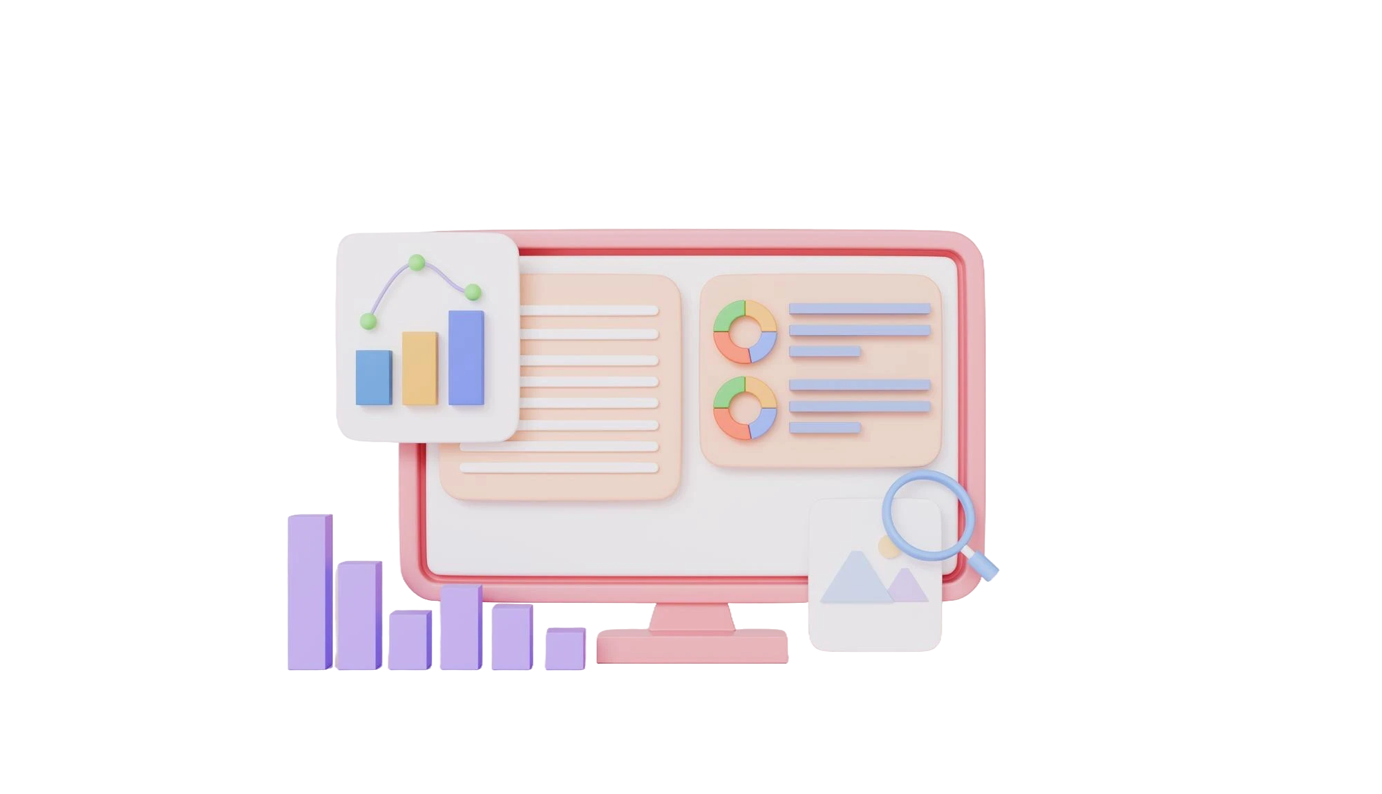 LinkDevi Link Analytics - Real-Time Click Tracking and Performance Insights 3D desktop monitor displaying bar charts, pie charts, line graphs, and data reports with magnifying glass - LinkDevi real-time link analytics and click tracking dashboard