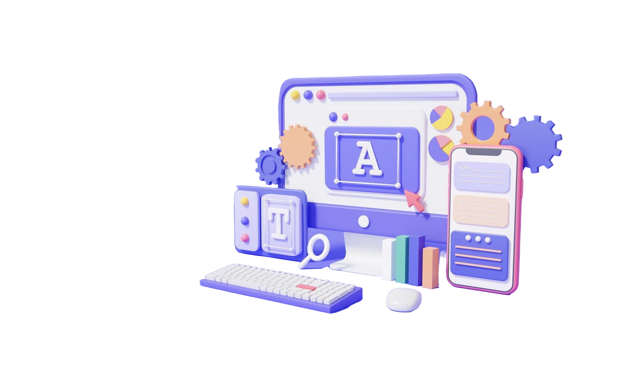 LinkDevi Bio Pages - Build Beautiful Link-in-Bio Pages 3D desktop computer and smartphone with UI design tools, typography controls, and page builder interface - LinkDevi bio page builder for creating mobile-optimized link-in-bio landing pages