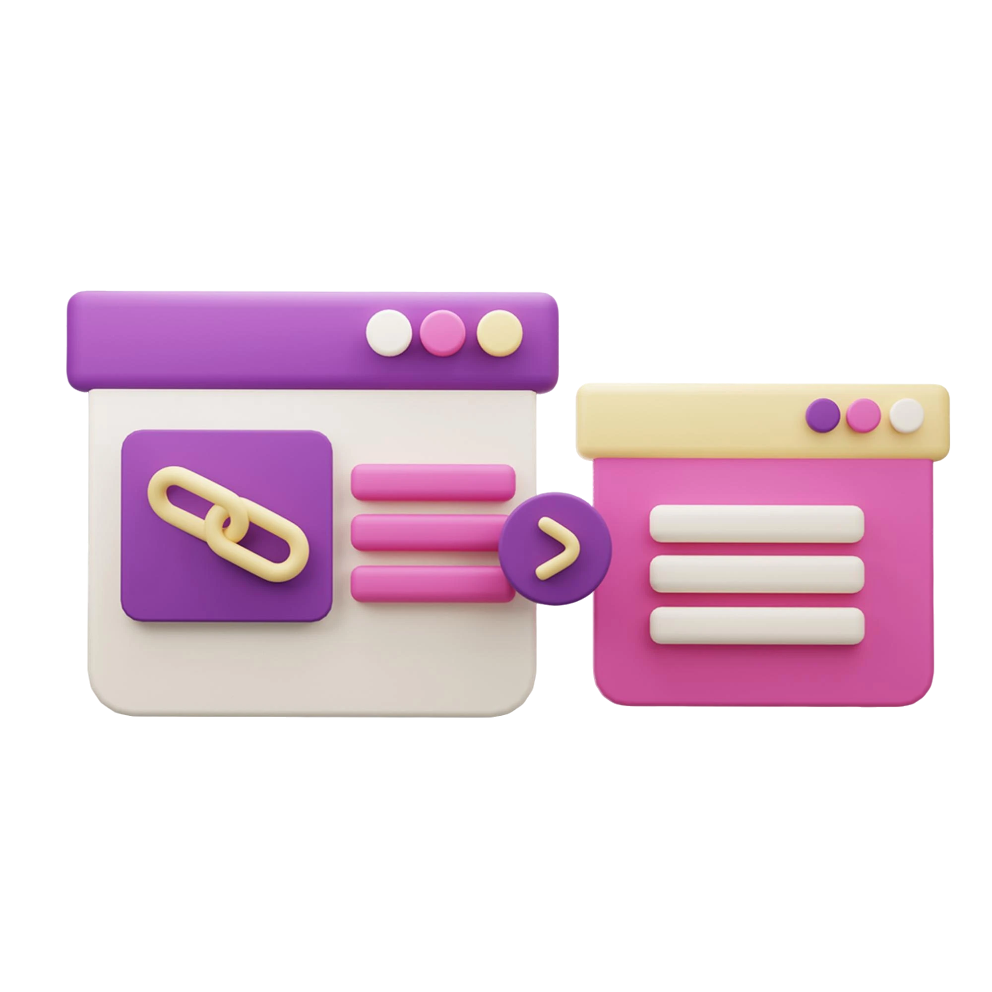 LinkDevi Bulk URL Shortener - Shorten 100 URLs in One Click 3D browser windows with chain link icon and URL list panels - LinkDevi bulk URL shortener for shortening up to 100 links at once with CSV export and custom domain support