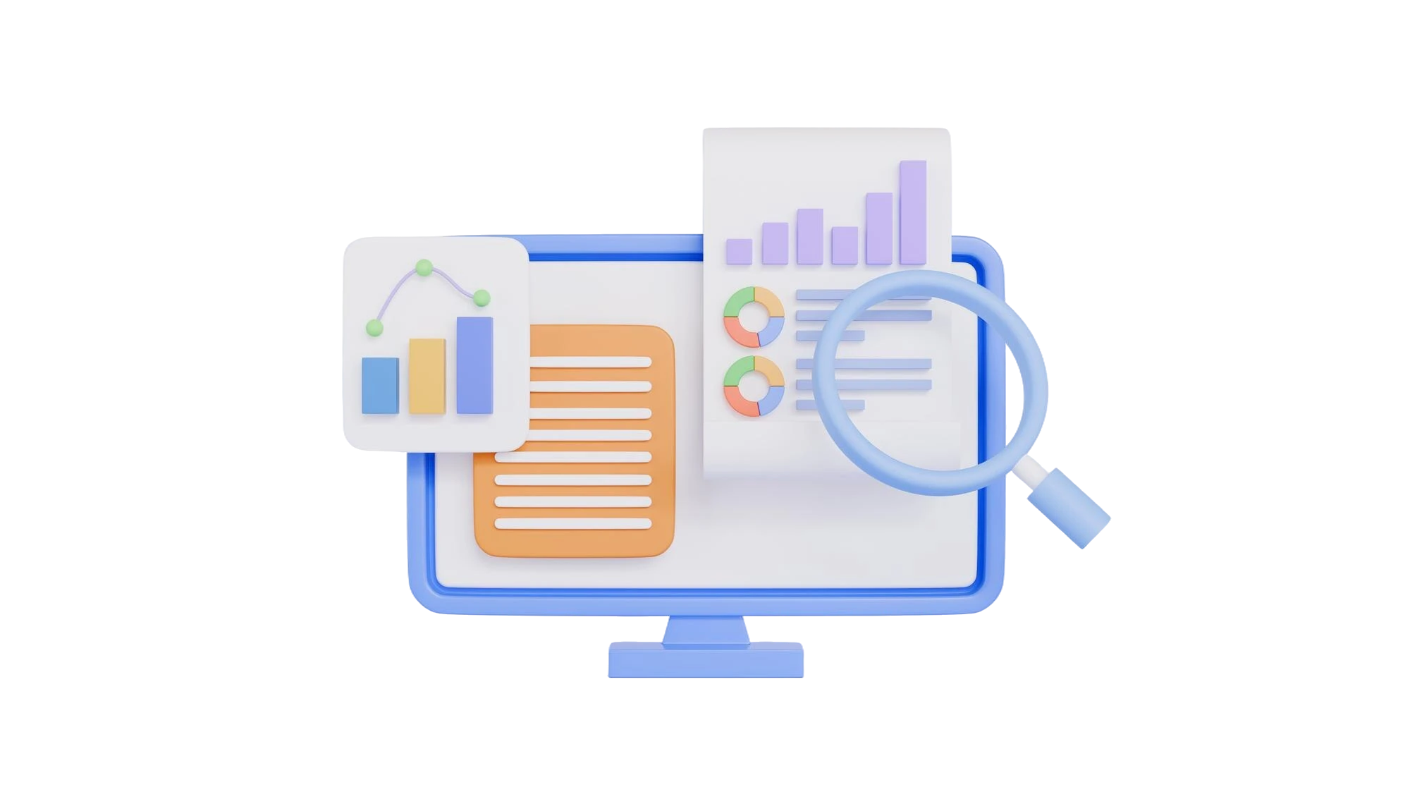 LinkDevi URL Shortener - Shorten, Track, and Optimize Your Links 3D desktop monitor with analytics charts, bar graphs, pie charts, and magnifying glass - LinkDevi URL shortener with built-in click tracking and link performance optimization