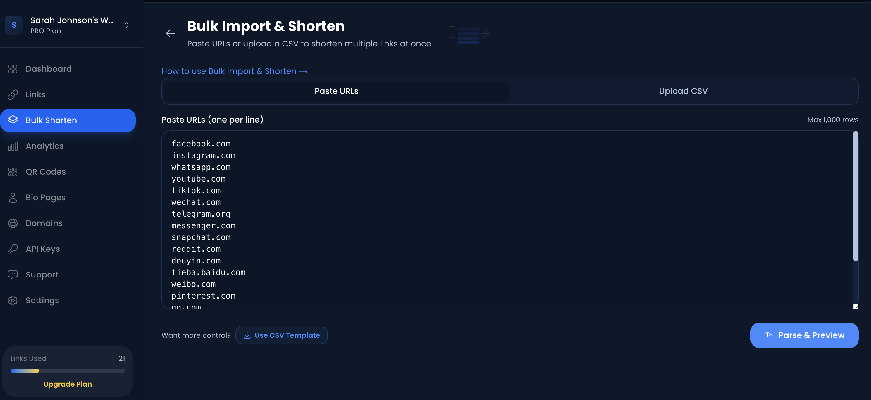 Bulk Import & Shorten - Paste URLs interface showing URL list input with Parse & Preview button