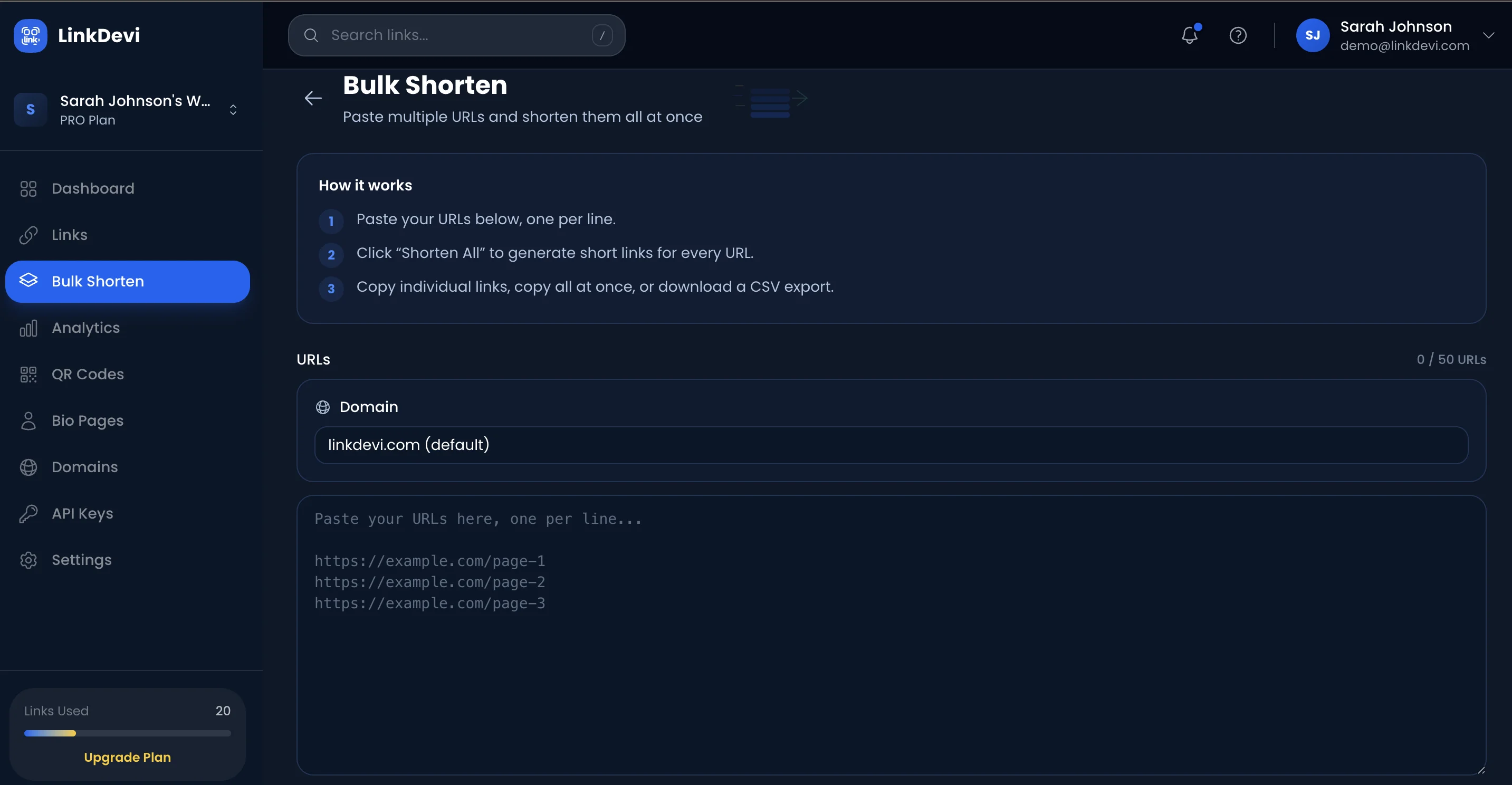 LinkDevi bulk URL shortener tool for shortening multiple URLs at once with custom domain support