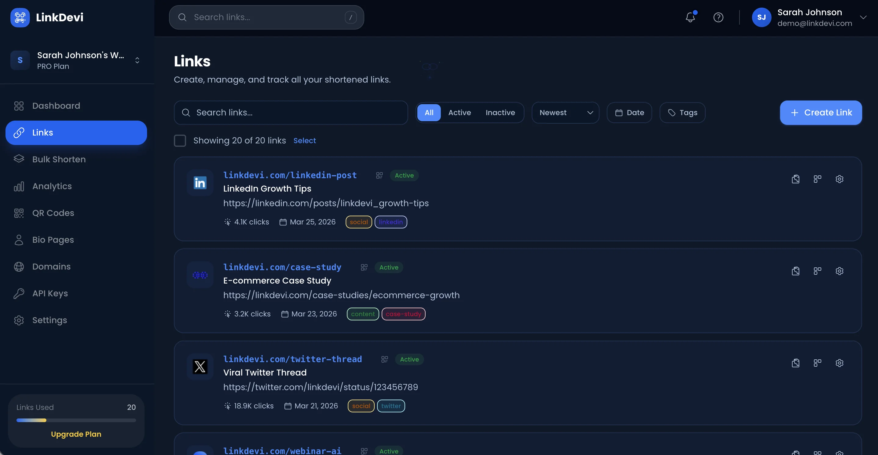 LinkDevi links page with search, filtering by status, date sorting, and tag management for organized URL tracking